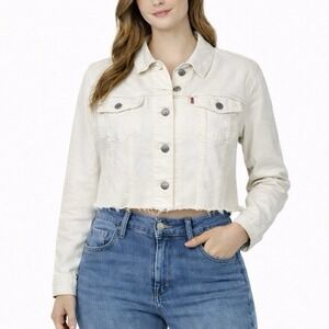 LEVI'S Off White Denim Trucker Jacket Women sz L Cropped Raw Hem - See Notes